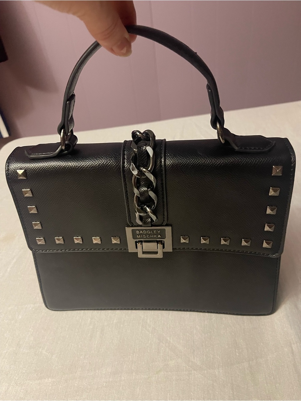 Badgley Mischka Black Studded Top-Handle Satchel